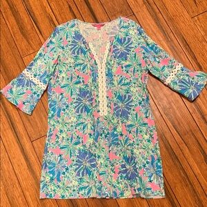 Lilly Pulitzer XL Floral Lace-Trim Tunic Dress in Pink & Blue